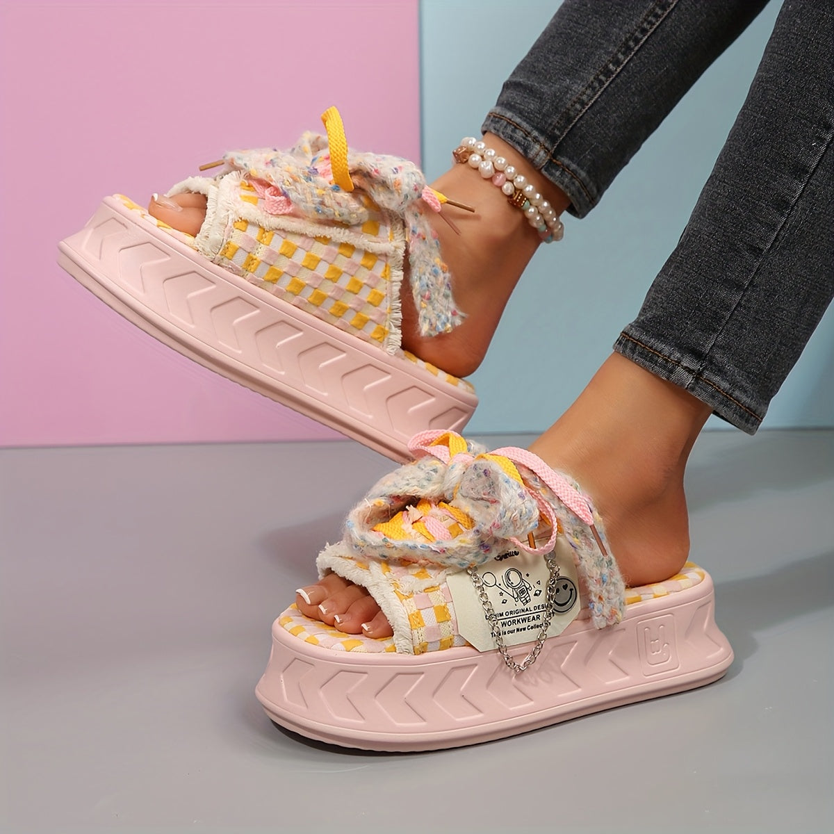 Women's Cute Thick Sole Slide Sandals - Spring/Summer 2025 Collection, Pastel Checkered Design with Bowknot, Open Toe, Fabric Upper & Rubber Sole, Comfortable Outdoor Wear, Casual Sandals | Bowknot Detail | Soft Strap Sandals
